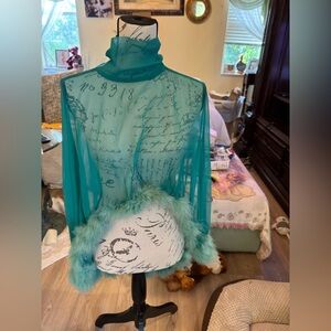 Teal Sheer Script Print Top with Feather Trim size med to large vintage
